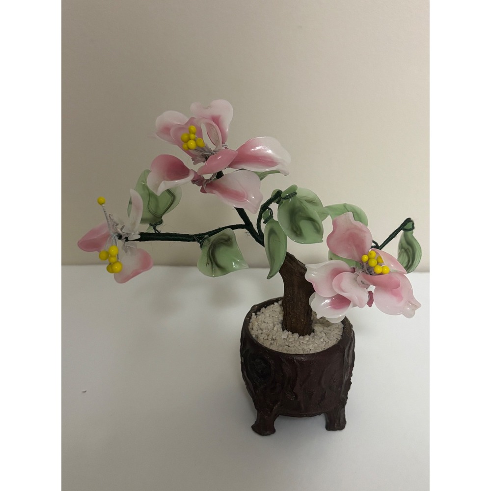 Vintage Chinese Glass Bonsai Tree Pink Flower Blossom Miniature Sculpture 6in